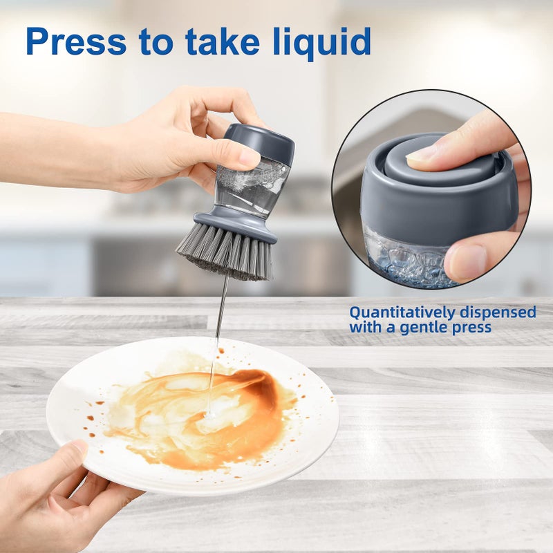SUBEKYU Dish Brush with Soap Dispenser  Kitchen Dish Scrubbers Set with Draining Tray for Washing Dishes/Pots  Grey  Set of 2 - Image 2